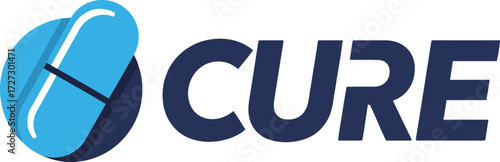 Cure logo featuring a stylized pill icon and the word 'Cure' in bold font, representing healthcare and medical services, perfect for pharmaceutical or health-tech branding, vector illustration