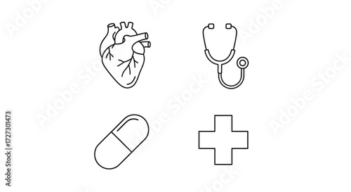 Clean, modern medical icons featuring a heart, stethoscope, pill and cross for healthcare designs, wellness campaigns and informative brochures or websites.