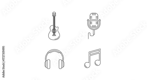 Acoustic guitar, microphone, headphones, and music note create a vibrant musical vibe, perfect for bands, singers, studios, and music apps promotion