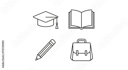 Inspiring back to school elements for education success, showcasing a graduation cap, book, pencil, and schoolbag in clean, modern line art