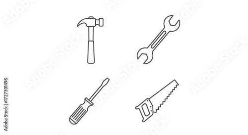 Essential tools for home improvement projects: Hammer, wrench, screwdriver, and saw for DIY enthusiasts and contractors. Ideal for renovation and repair visuals