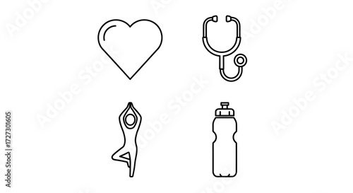 Promote a healthy lifestyle with this wellness set, heart health, medical checkup, yoga exercise, and hydration, perfect for health and well-being concepts