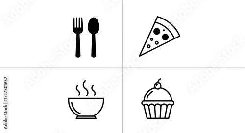 Explore delectable delights with this modern food icon set showcasing pizza, cupcakes, soup, and utensils for restaurant branding and menu designs today