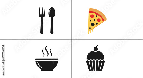 Delicious food icons for restaurant menus and food delivery apps, including pizza, soup, cupcake, fork and spoon in a simple, modern style with fun appeal