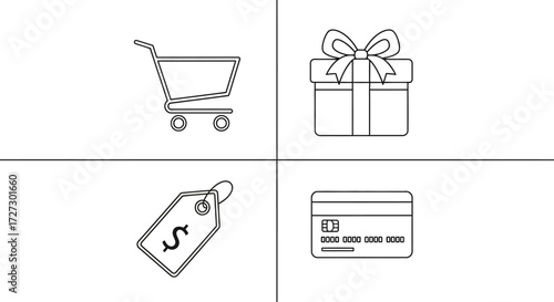 Get ready for the holidays with shopping carts, gift boxes, dollar tags, and credit cards symbolizing the spirit of online shopping and festive gift-giving