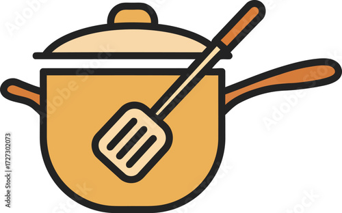 Vector illustration of a cooking pot with a spatula, representing food preparation, culinary art, and kitchen essentials on a transparent background