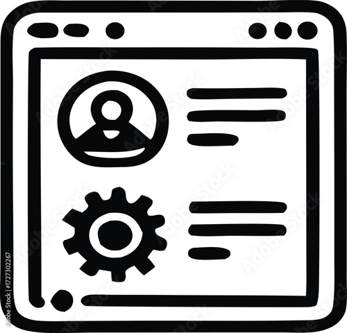 Simple outline icon of a user profile screen with settings gear and text placeholders for websites and apps