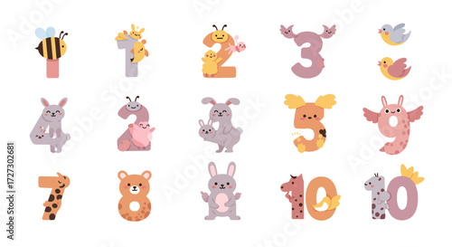 This flat design icon set features numbers 1 through 10, each playfully represented by a corresponding quantity of adorable animal characters, perfect for early childhood education.