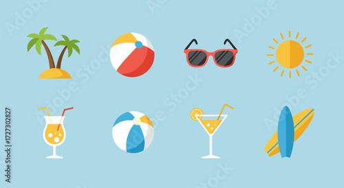 Immerse yourself in the summer spirit with this flat design icon set, showcasing minimalist illustrations of tropical beach vacations and relaxation. Ideal for holiday-themed projects..