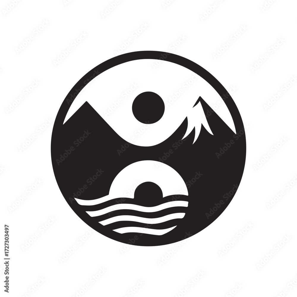 Fototapeta premium yin-yang shaped by ocean and mountain vector silhouette clip art logo design illustration