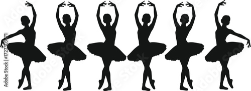 Ballerina silhouettes in identical classical ballet poses with tutus, pointe shoes, elegant symmetry, graceful choreography, artistic dance illustration set