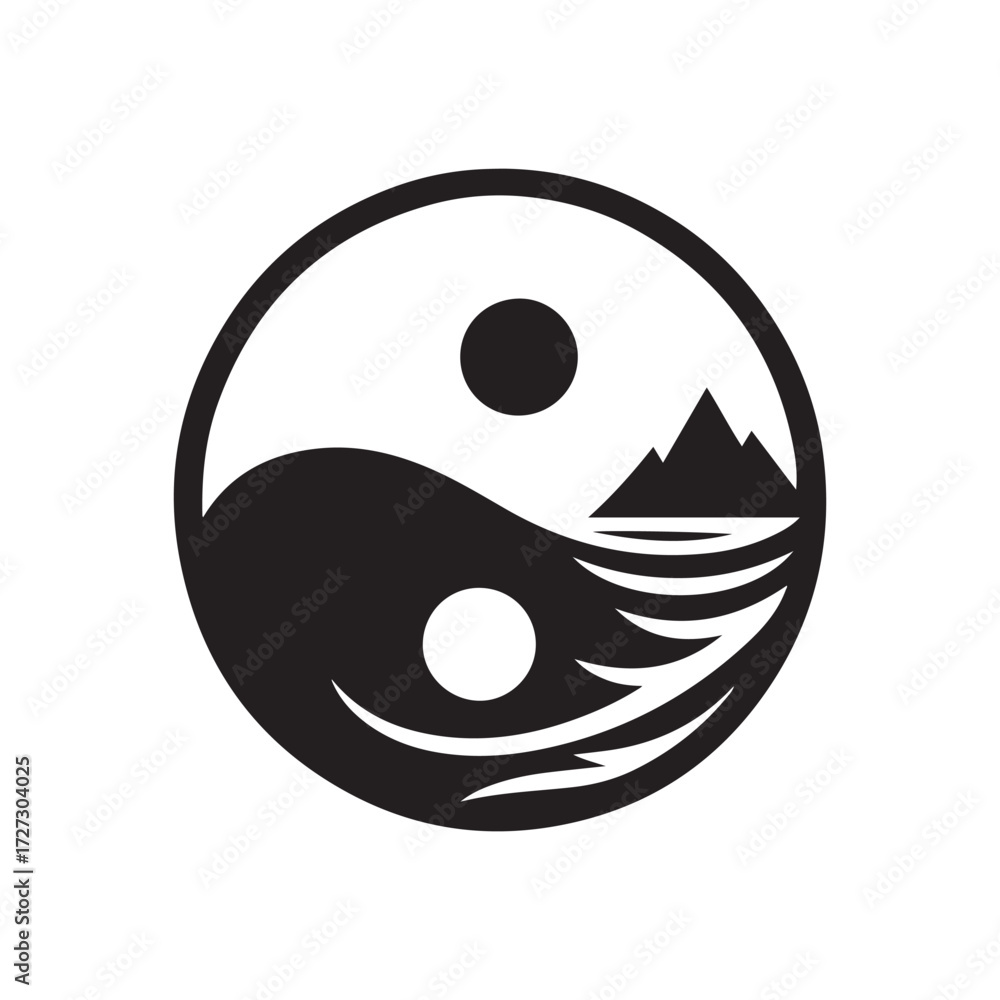 Fototapeta premium yin-yang shaped by ocean and mountain vector silhouette clip art logo design illustration