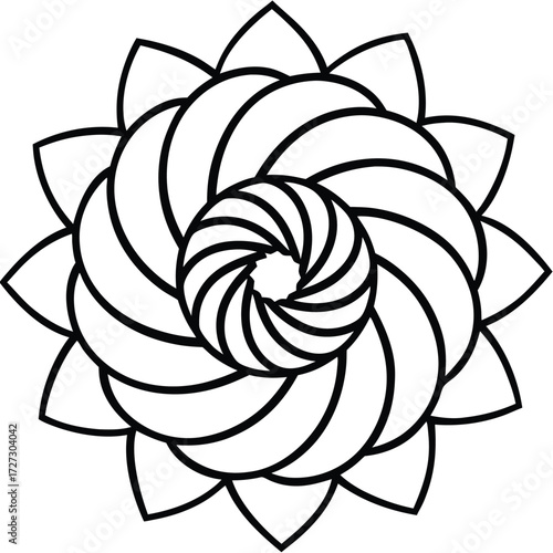 Elegant black and white mandala illustration with intricate swirling patterns, , perfect for coloring books and creative designs