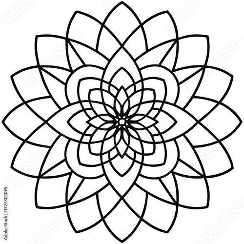 Detailed black and white mandala art with layered floral motifs, , perfect for creative designs and relaxation activities