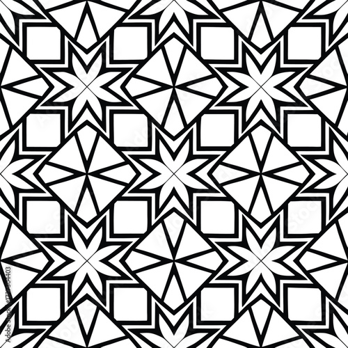 Seamless geometric pattern, showcasing symmetrical star and square shapes, ideal for textile prints or modern wallpaper designs