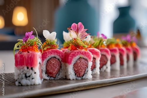 Wallpaper Mural Savoring sushi delicacies presented in an upscale restaurant setting, captured in a close-up food photography style, showcasing culinary art. Torontodigital.ca