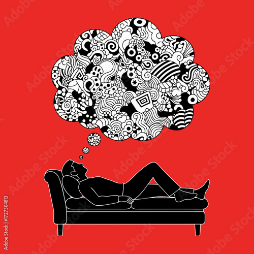 Man relaxing on couch with colorful thoughts in thought bubble  