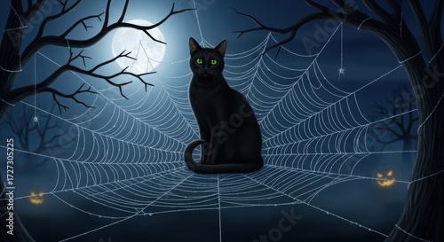 A black cat is sitting in a spider web