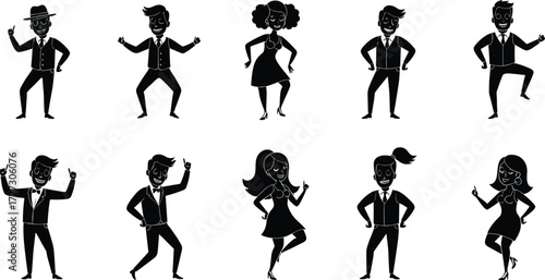 Dance silhouettes in formal and semi-formal attire, expressive poses, diverse movement illustration, cultural performance art, elegant social dance design