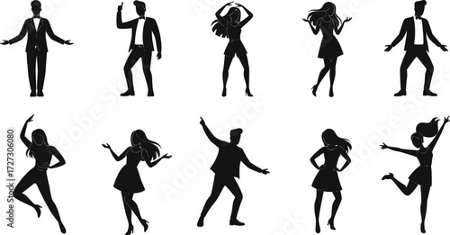 Dance silhouettes in formal and semi-formal attire, expressive poses, diverse movement illustration, cultural performance art, elegant social dance design