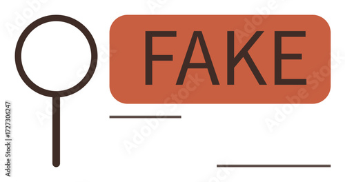 Magnifying glass focusing on bold Fake text in red rectangle alongside abstract lines. Ideal for misinformation, verification, deception, investigation, scrutiny, alertness, vigilance. Simple flat