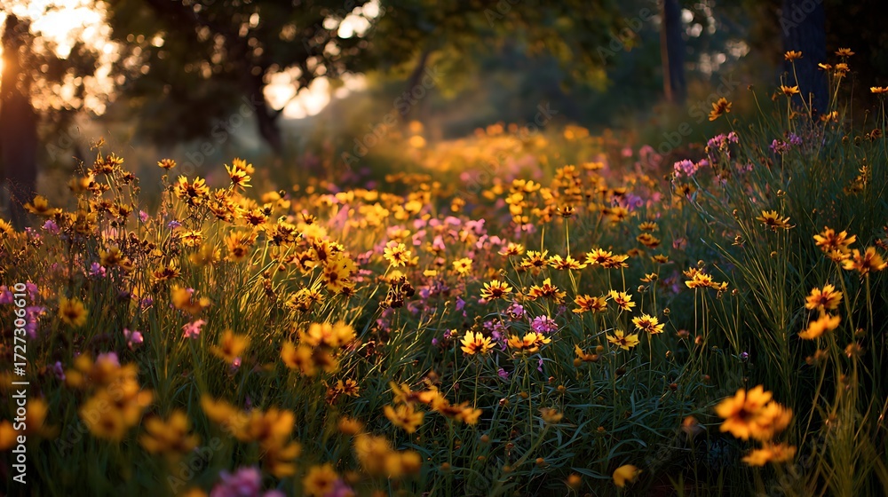 Obraz premium Flower field bathed in golden glow under fading sunlight