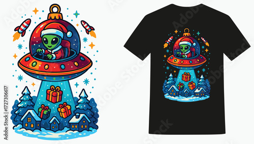 Alien UFO Christmas Santa Vector T-shirt Design, Funny Alien Spaceship Holiday T-shirt Artwork, Christmas Invasion Alien UFO T-shirt Print, Cute Alien Santa Claus Christmas T-shirt Graphic