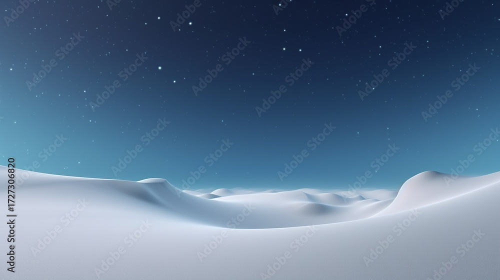 Fototapeta premium Snowy Landscape Under Starry Night Sky with Rolling Snow Dunes and Bright Stars