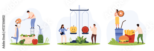 Healthy and unhealthy food comparison, eating choice set. Tiny people compare health benefits of apple and donut on scale, eat organic vegetable salad or fast food cartoon vector illustration