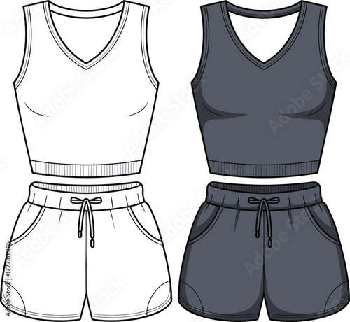 Athletic crop top and shorts set, sleeveless V-neck design with drawstring waist and pockets, casual sportswear fashion illustration for stock content and templates
