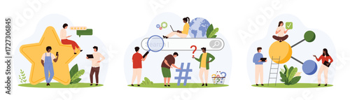 Search engine and review services set. Tiny people rate positive experience of product with gold star, find content in browser with magnifying, glass, link data network cartoon vector illustration