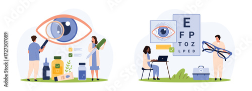 Eye health checkup by ophthalmologist, ophthalmology set. Tiny people research pupil of eye with magnifying glass, optometrists check eyesight for correction with glasses cartoon vector illustration