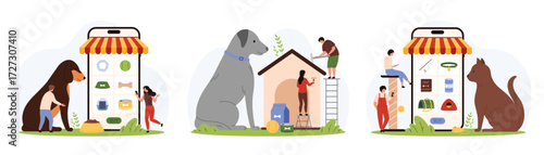 Pet store in mobile phone app set. Tiny people choose vet product category to buy food or toys for dog or cat, man and woman shopping for order, building puppy kennel cartoon vector illustration