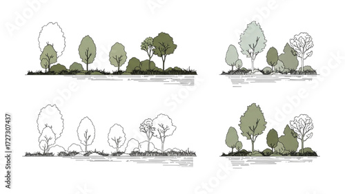 Architectural Tree Line Drawings – Minimal CAD Side View Forest Section Outline Set for Landscape Design AI EPS PNG JPEG.
