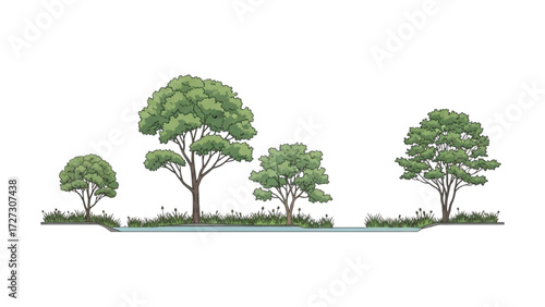 Architectural Tree Line Drawings – Minimal CAD Side View Forest Section Outline Set for Landscape Design AI EPS PNG JPEG.
