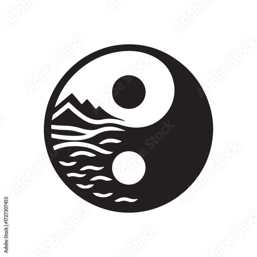 yin-yang shaped by ocean and mountain vector silhouette clip art logo design illustration