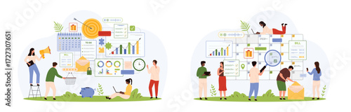 Project organization, planning process set. Tiny people plan daily tasks with planner and magnifying glass, using smart schedule organizer on board with creative elements cartoon vector illustration