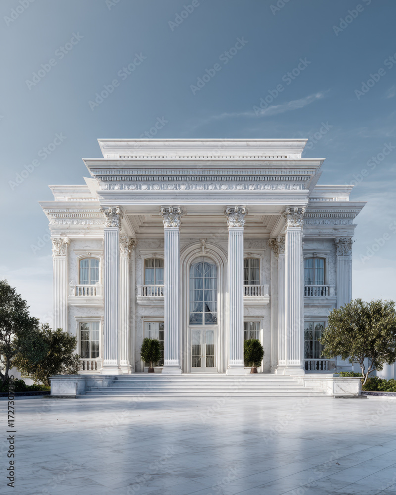 Obraz premium An imposing neoclassical luxury villa exterior, clad entirely in white marble. Features towering corinthian columns, ornate architectural details, and a grand entrance, representing wealthy