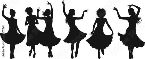 Female dancer silhouettes in flared skirts, expressive stage poses, graceful choreography, cultural dance performance, elegant movement, artistic dance illustration set