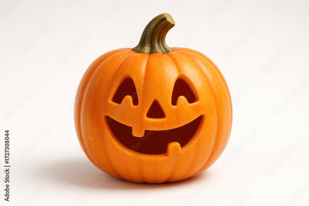 Fototapeta premium Cute 3D jack o lantern character with friendly carved face glossy orange skin green stem and soft studio light isolated on white for festive Halloween designs
