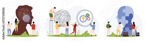 Creative solution search, psychology set. Tiny people brainstorm and think, unravel chaos and mess of wire, research maze with magnifying glass in head and brain puzzles cartoon vector illustration