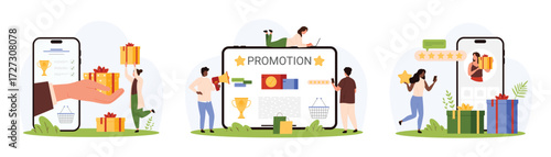 Loyalty program and promotion, giveaway contest set. Hand from mobile phone screen giving gift box to happy tiny woman, blogger with megaphone advertising brand product cartoon vector illustration