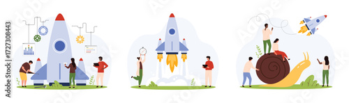 Team preparation and project start, boost of idea and product set. Tiny people launch fast rocket of startup into sky, business competition of flying spaceship and snail cartoon vector illustration