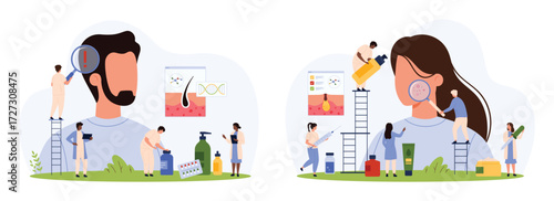 Hair and skin problem set. Tiny people with magnifying glass diagnose acne and alopecia in woman and man models, study infographic dermatology scheme for treatment cartoon vector illustration