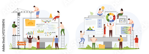 Website project creation process, development of graphic interface usability set. Tiny people and crane building new webpage design, user menu layout on computer screen cartoon vector illustration