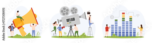 Video and audio recording, control settings in graphic equalizer app set. Tiny people record movie film with giant professional camera, using megaphone for loud sound cartoon vector illustration