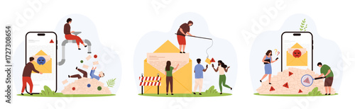 Spam overload, warning notification in mailbox mobile app, threat of phishing and fraud set. Tiny people look through magnifying glass, drown at pile of scam letters cartoon vector illustration