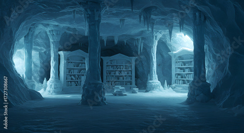 Icy Cave Library with Frozen Shelves