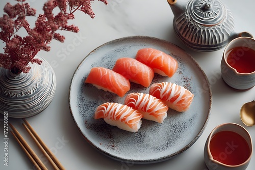 Wallpaper Mural Savoring sushi delights with fresh salmon nigiri served in a Japanese restaurant, captured in a minimalist setting with a top-down view. Torontodigital.ca