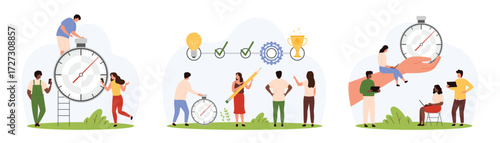 Business project timeline, time management and effective organization set. Tiny people check task progress on goal tracker, use timer with button to control deadline cartoon vector illustration